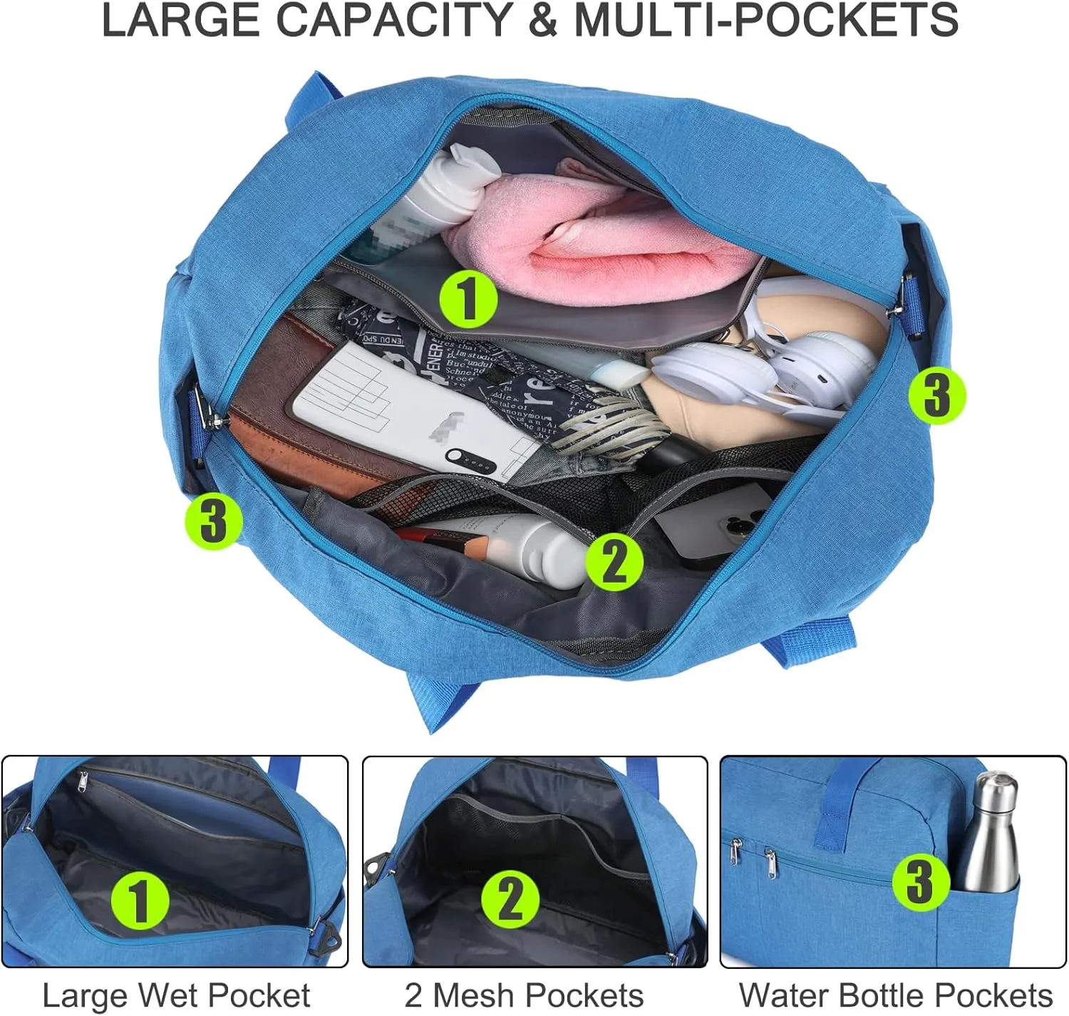 17" Small Gym Bag for Womens & Mens - Personal Item Travel Duffle Bag with Wet Pocket and Trolley Sleeve | Under Seat Weekender Carry on Luggage (Blue)