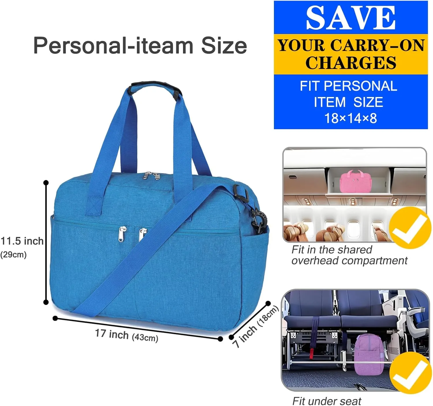 17" Small Gym Bag for Womens & Mens - Personal Item Travel Duffle Bag with Wet Pocket and Trolley Sleeve | Under Seat Weekender Carry on Luggage (Blue)