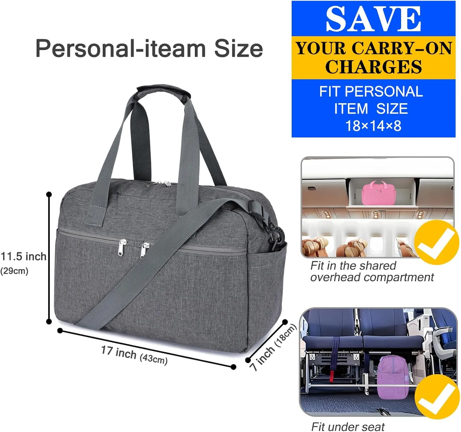 17" Small Gym Bag for Womens & Mens - Personal Item Travel Duffle Bag with Wet Pocket and Trolley Sleeve | Under Seat Weekender Carry on Luggage (Grey)