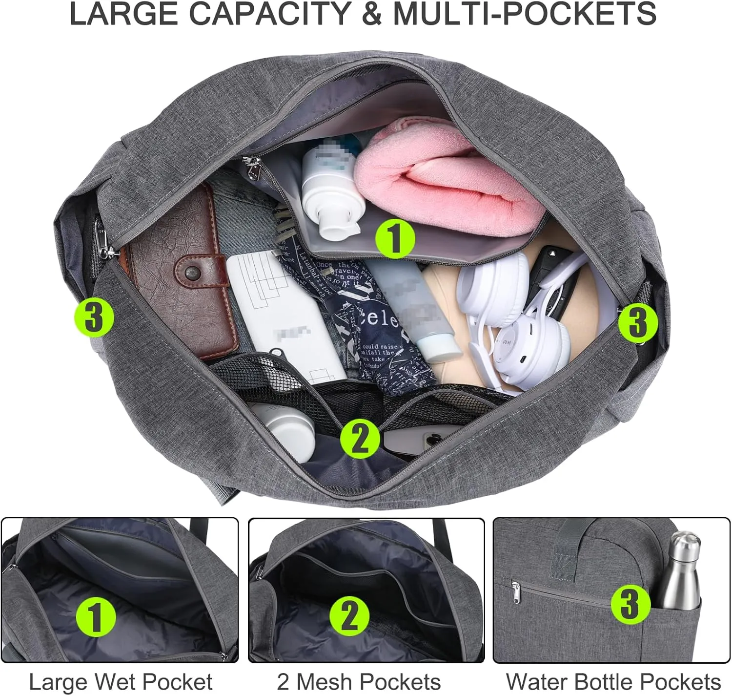 17" Small Gym Bag for Womens & Mens - Personal Item Travel Duffle Bag with Wet Pocket and Trolley Sleeve | Under Seat Weekender Carry on Luggage (Grey)