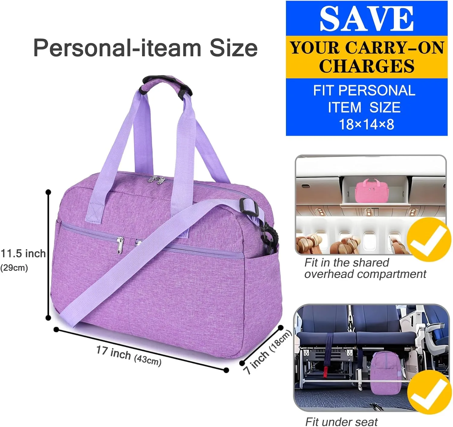 17" Small Gym Bag for Womens & Mens - Personal Item Travel Duffle Bag with Wet Pocket and Trolley Sleeve | Under Seat Weekender Carry on Luggage (Light Purple)