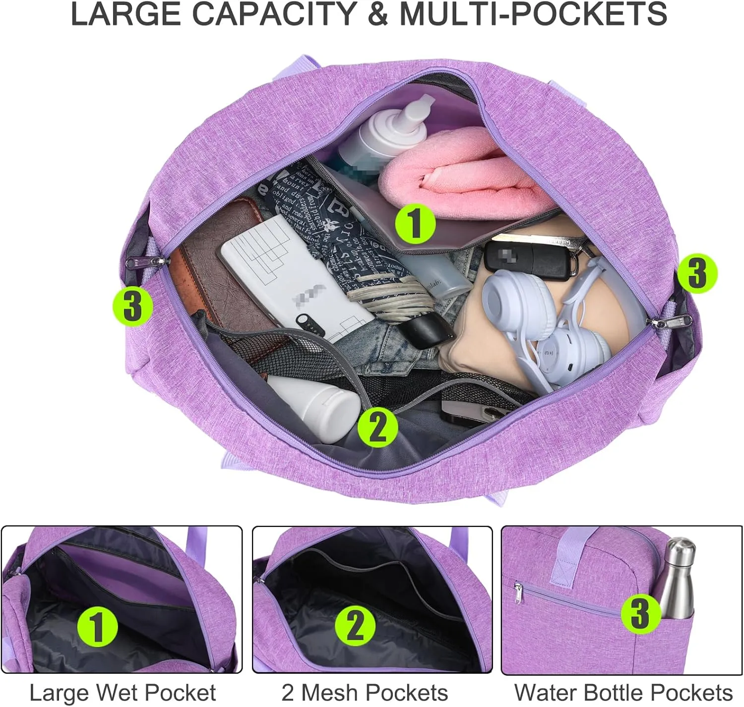17" Small Gym Bag for Womens & Mens - Personal Item Travel Duffle Bag with Wet Pocket and Trolley Sleeve | Under Seat Weekender Carry on Luggage (Light Purple)