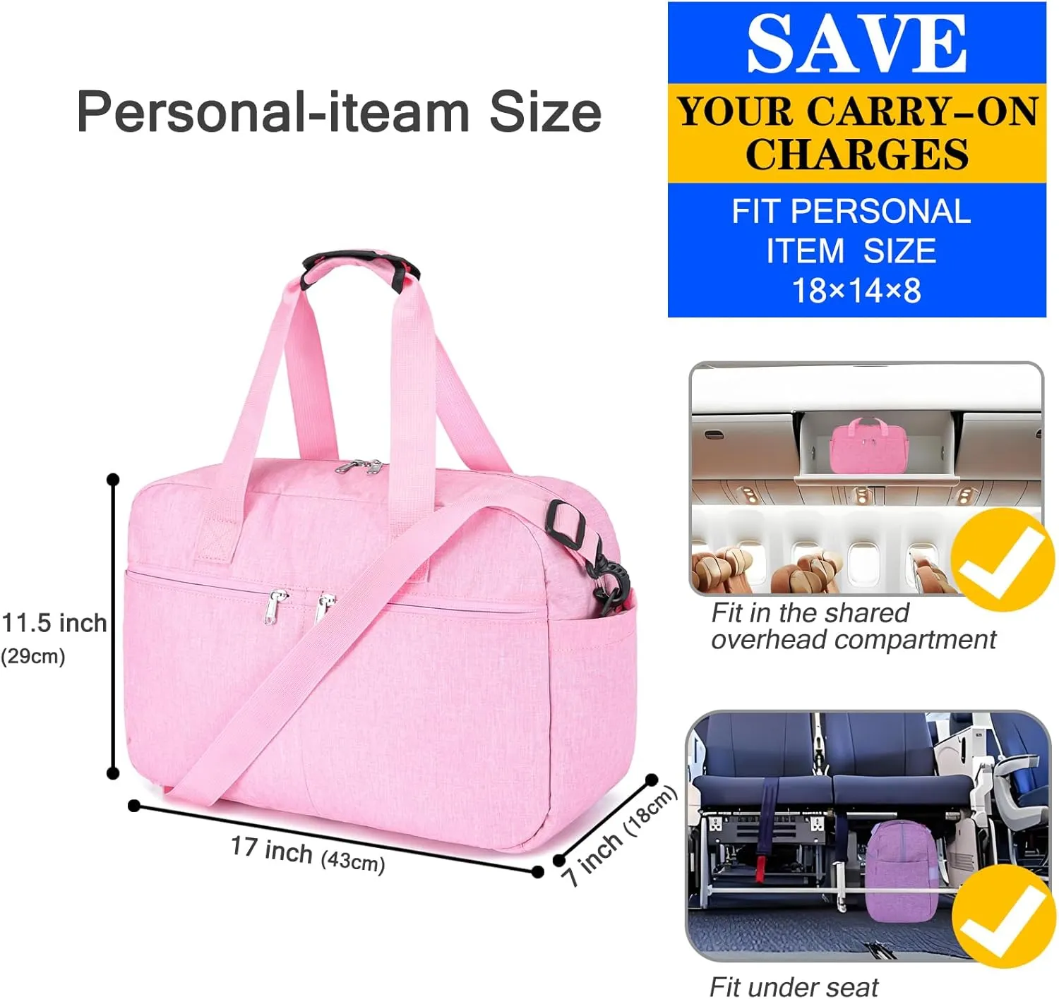 17" Small Gym Bag for Womens & Mens - Personal Item Travel Duffle Bag with Wet Pocket and Trolley Sleeve | Under Seat Weekender Carry on Luggage (Pink)
