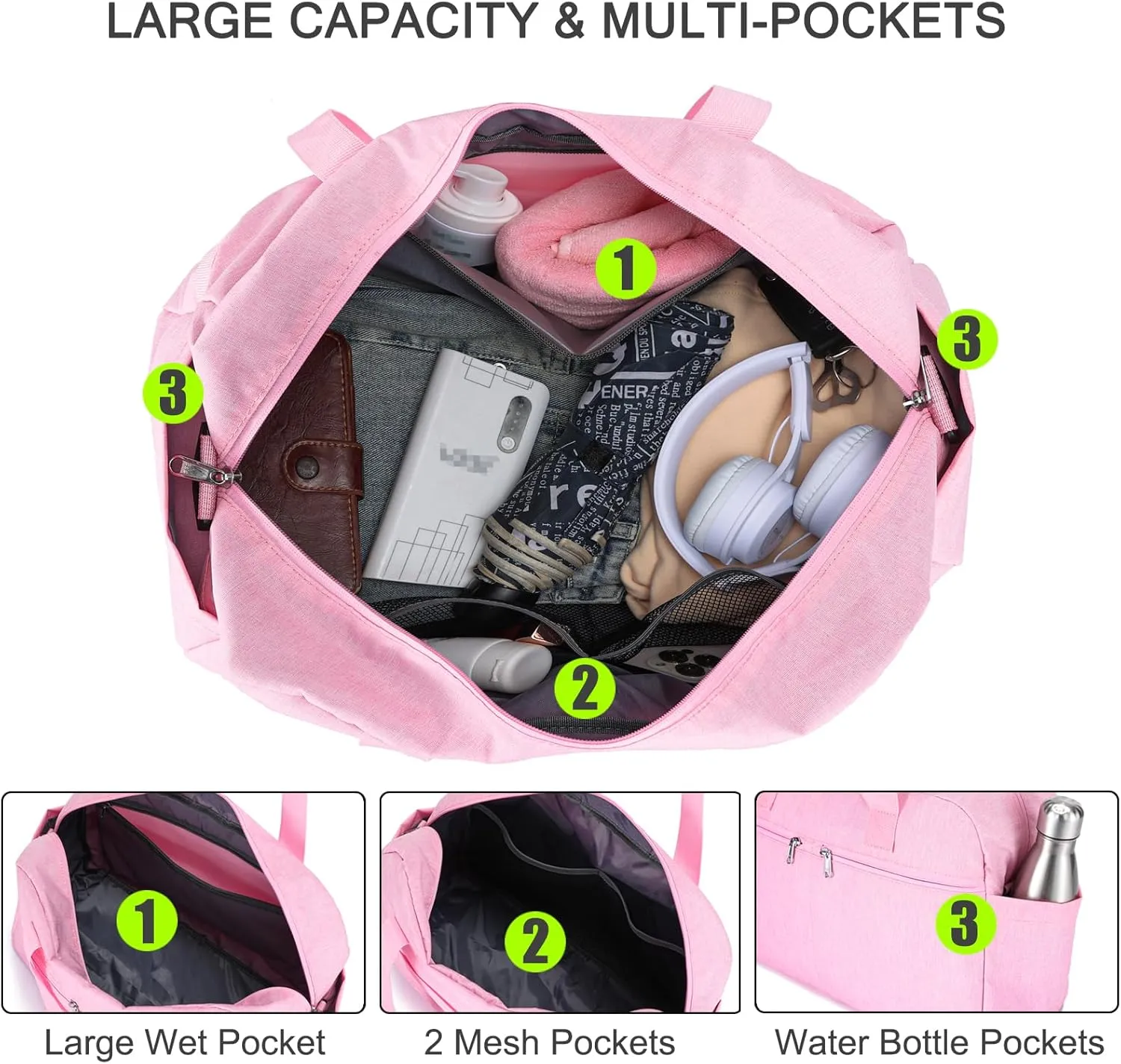 17" Small Gym Bag for Womens & Mens - Personal Item Travel Duffle Bag with Wet Pocket and Trolley Sleeve | Under Seat Weekender Carry on Luggage (Pink)