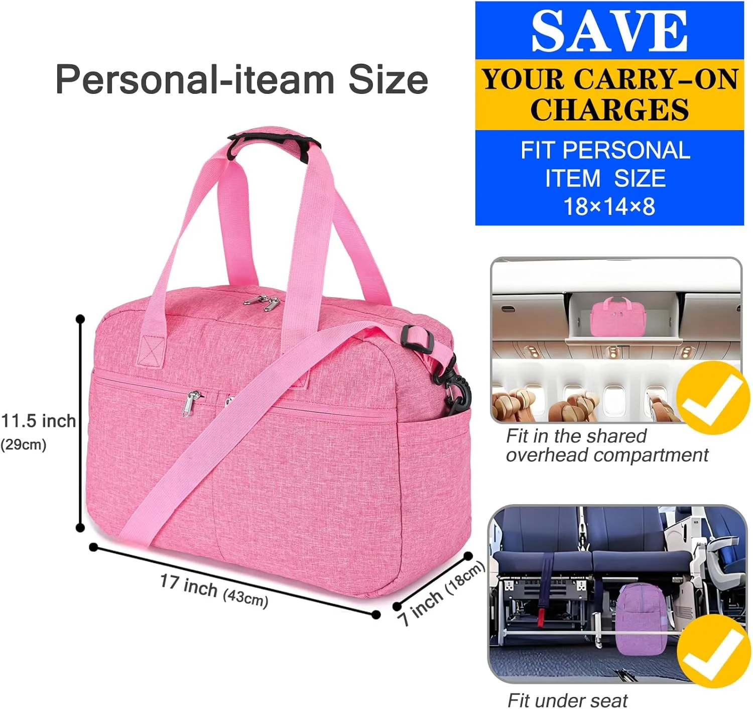 17" Small Gym Bag for Womens & Mens - Personal Item Travel Duffle Bag with Wet Pocket and Trolley Sleeve | Under Seat Weekender Carry on Luggage (Rose)