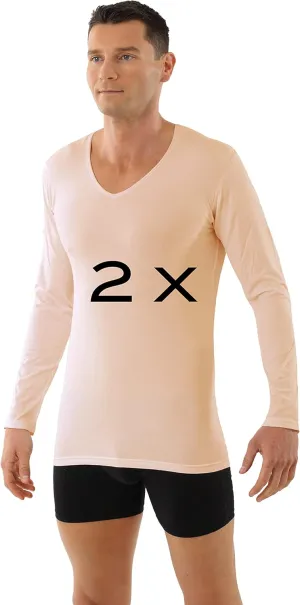 2-Pack Men's Thermal Long Sleeve Undershirt with v-Neck Stretch Cotton Beige