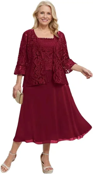 2 Pieces Mother of The Bride Dresses for Wedding 3/4 Sleeve Lace Appliques Chiffon Formal Evening Gown with Jacket