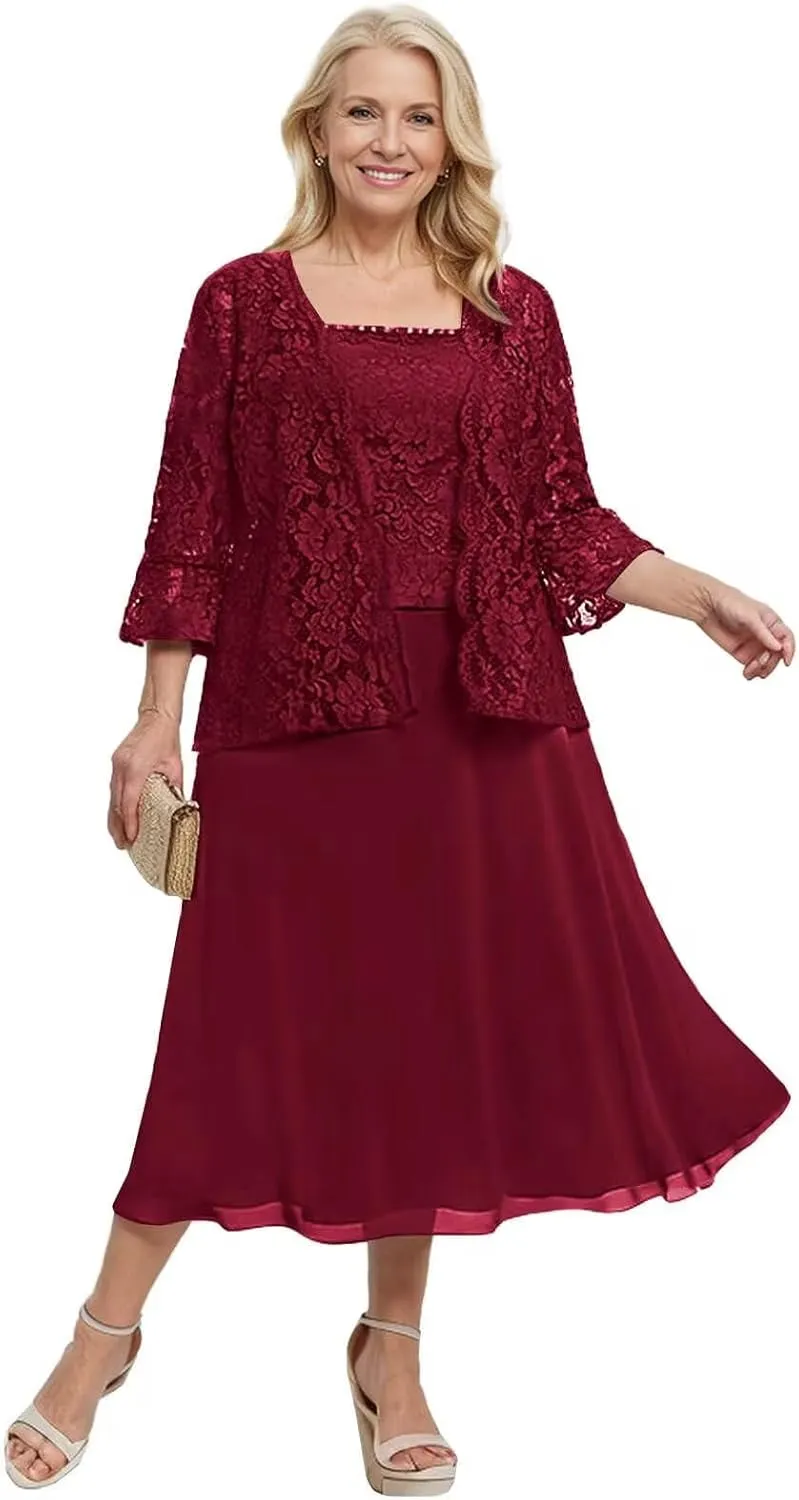 2 Pieces Mother of The Bride Dresses for Wedding 3/4 Sleeve Lace Appliques Chiffon Formal Evening Gown with Jacket