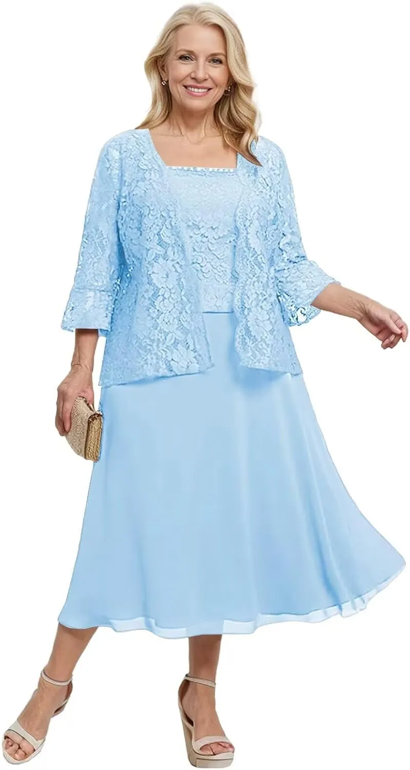 2 Pieces Mother of The Bride Dresses for Wedding 3/4 Sleeve Lace Appliques Chiffon Formal Evening Gown with Jacket