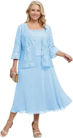 2 Pieces Mother of The Bride Dresses for Wedding 3/4 Sleeve Lace Appliques Chiffon Formal Evening Gown with Jacket