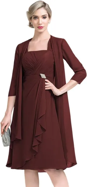 2 Pieces Mother of The Bride Dresses for Wedding Half Sleeve Chiffon Pleated Formal Evening Dress