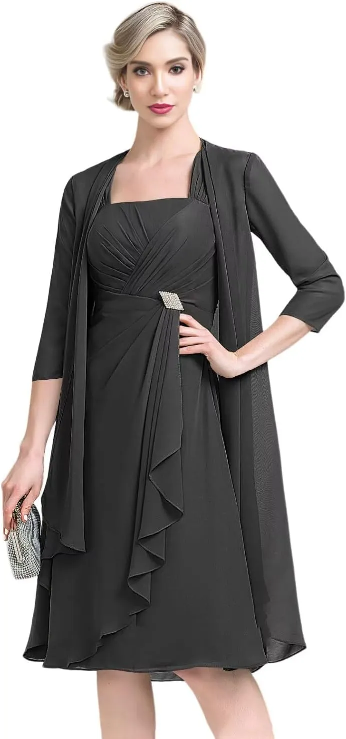 2 Pieces Mother of The Bride Dresses for Wedding Half Sleeve Chiffon Pleated Formal Evening Dress
