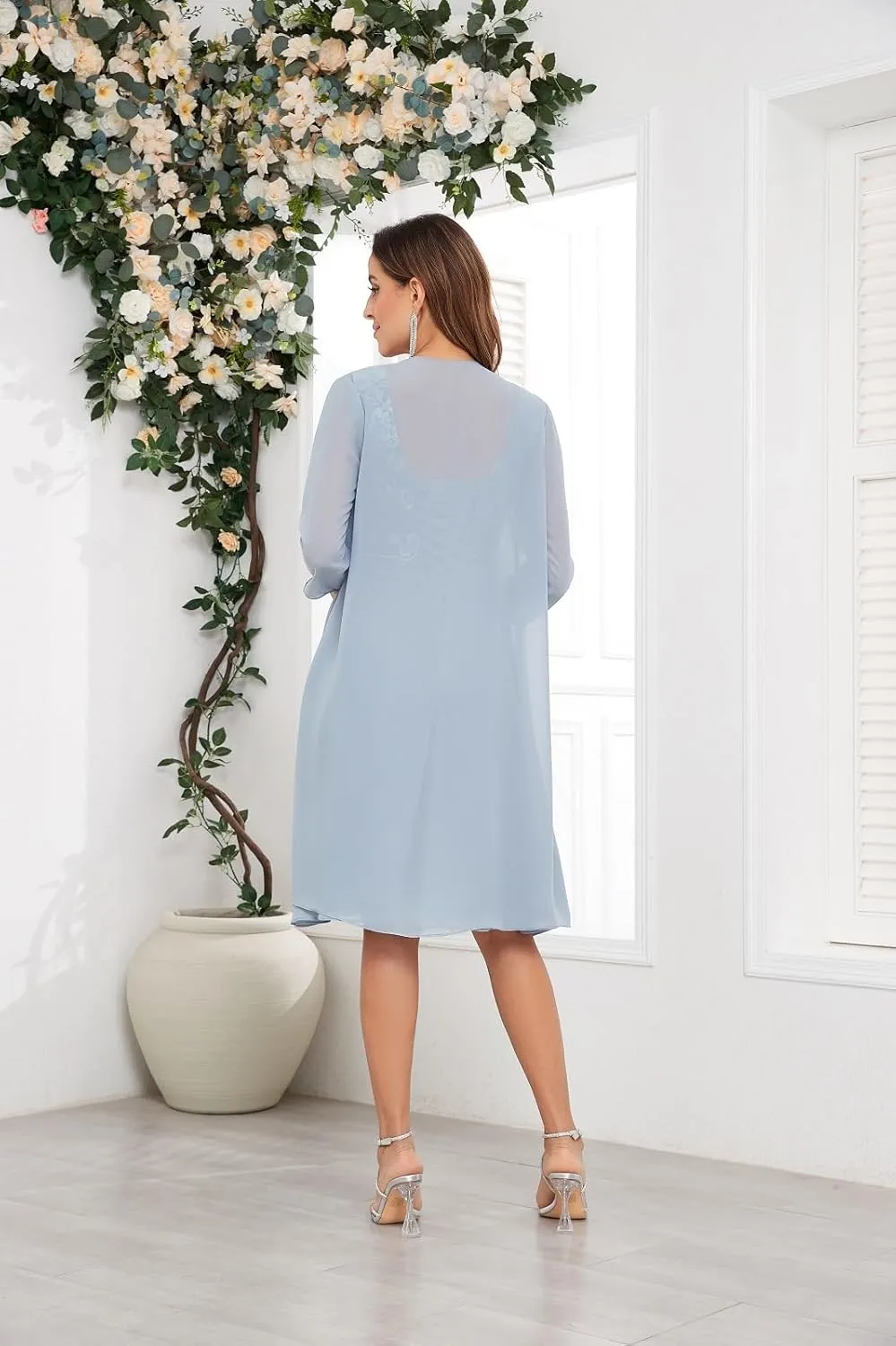 2 Pieces Mother of The Bride Dresses for Wedding Lace Applique Chiffon Ruffle Formal Dress with Jacket