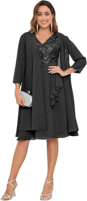 2 Pieces Mother of The Bride Dresses for Wedding Lace Applique Chiffon Ruffle Formal Dress with Jacket