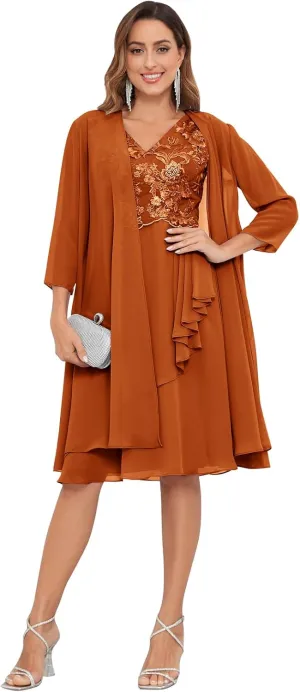 2 Pieces Mother of The Bride Dresses for Wedding Lace Applique Chiffon Ruffle Formal Dress with Jacket