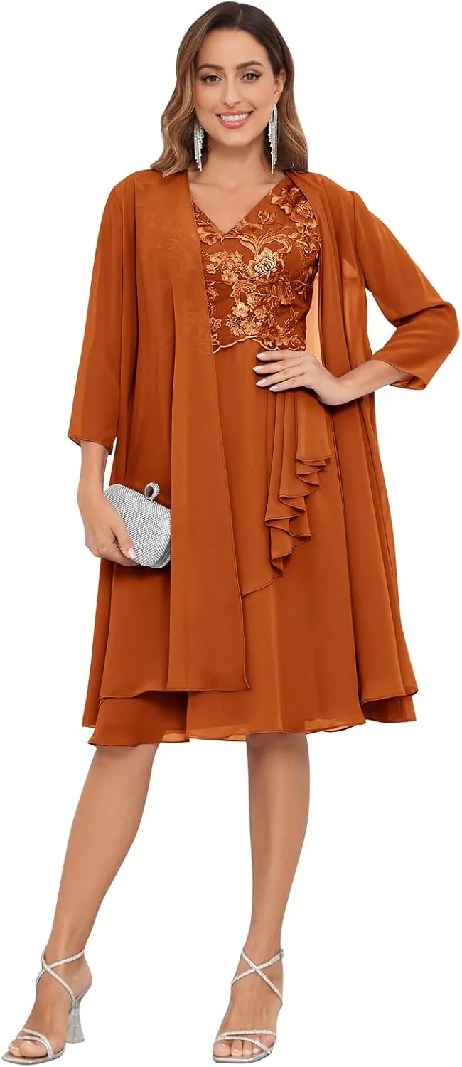 2 Pieces Mother of The Bride Dresses for Wedding Lace Applique Chiffon Ruffle Formal Dress with Jacket