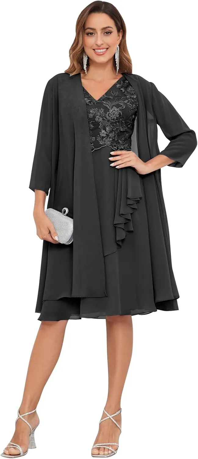 2 Pieces Mother of The Bride Dresses for Wedding Lace Applique Chiffon Ruffle Formal Dress with Jacket