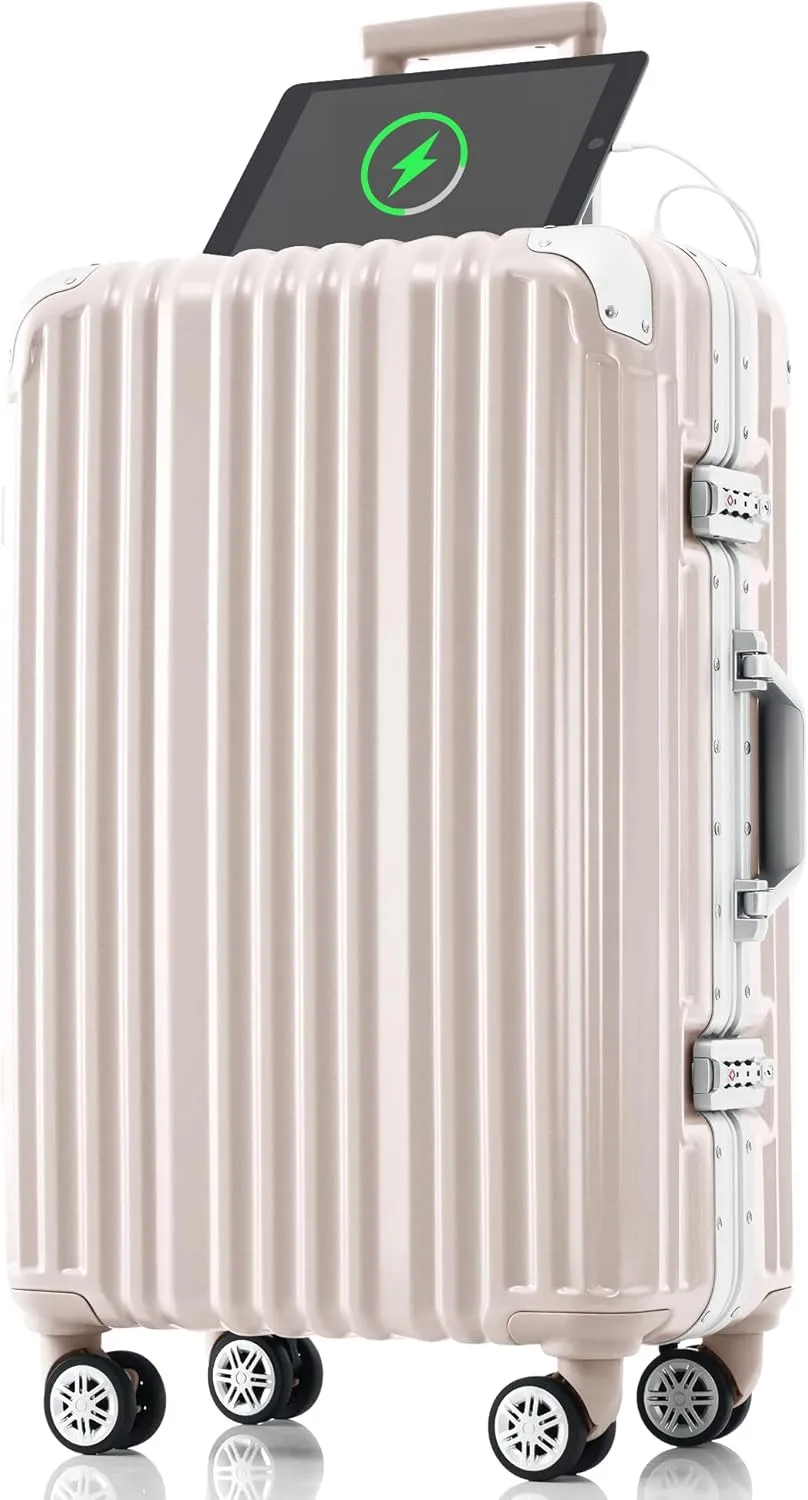 20 Inch Carry-On Luggage with Spinner Wheels, TSA Lock, USB Port & Cup Holder - Pink Suitcase for Travel