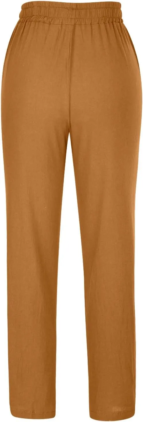 2023 Womens Drawstring Cotton Linen Long Pants Loose Elastic Waisted Colour Pure Casual Summer Palazzo Lounge Trousers
