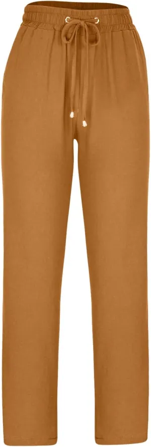2023 Womens Drawstring Cotton Linen Long Pants Loose Elastic Waisted Colour Pure Casual Summer Palazzo Lounge Trousers