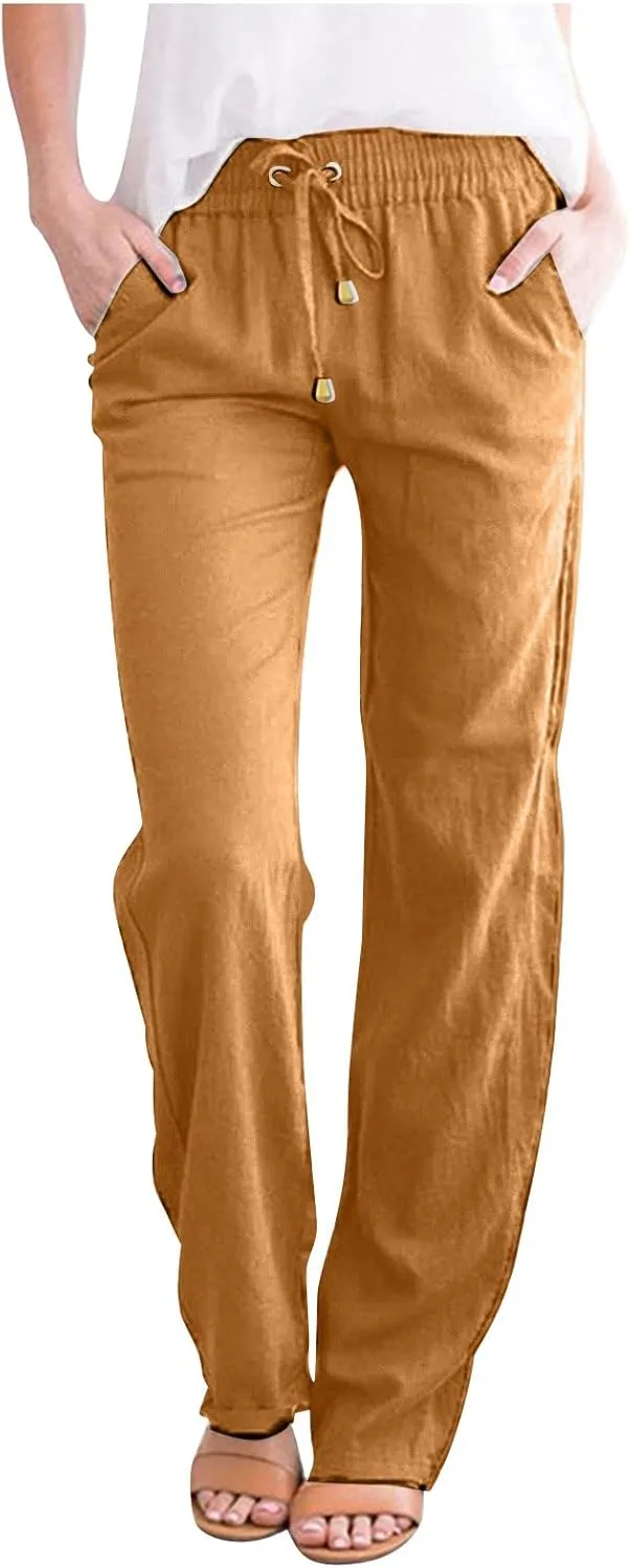 2023 Womens Drawstring Cotton Linen Long Pants Loose Elastic Waisted Colour Pure Casual Summer Palazzo Lounge Trousers