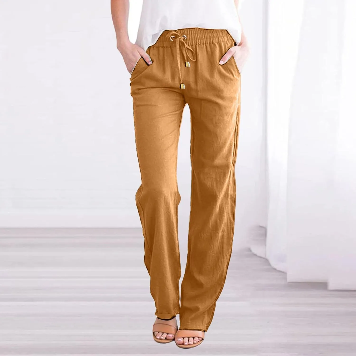2023 Womens Drawstring Cotton Linen Long Pants Loose Elastic Waisted Colour Pure Casual Summer Palazzo Lounge Trousers