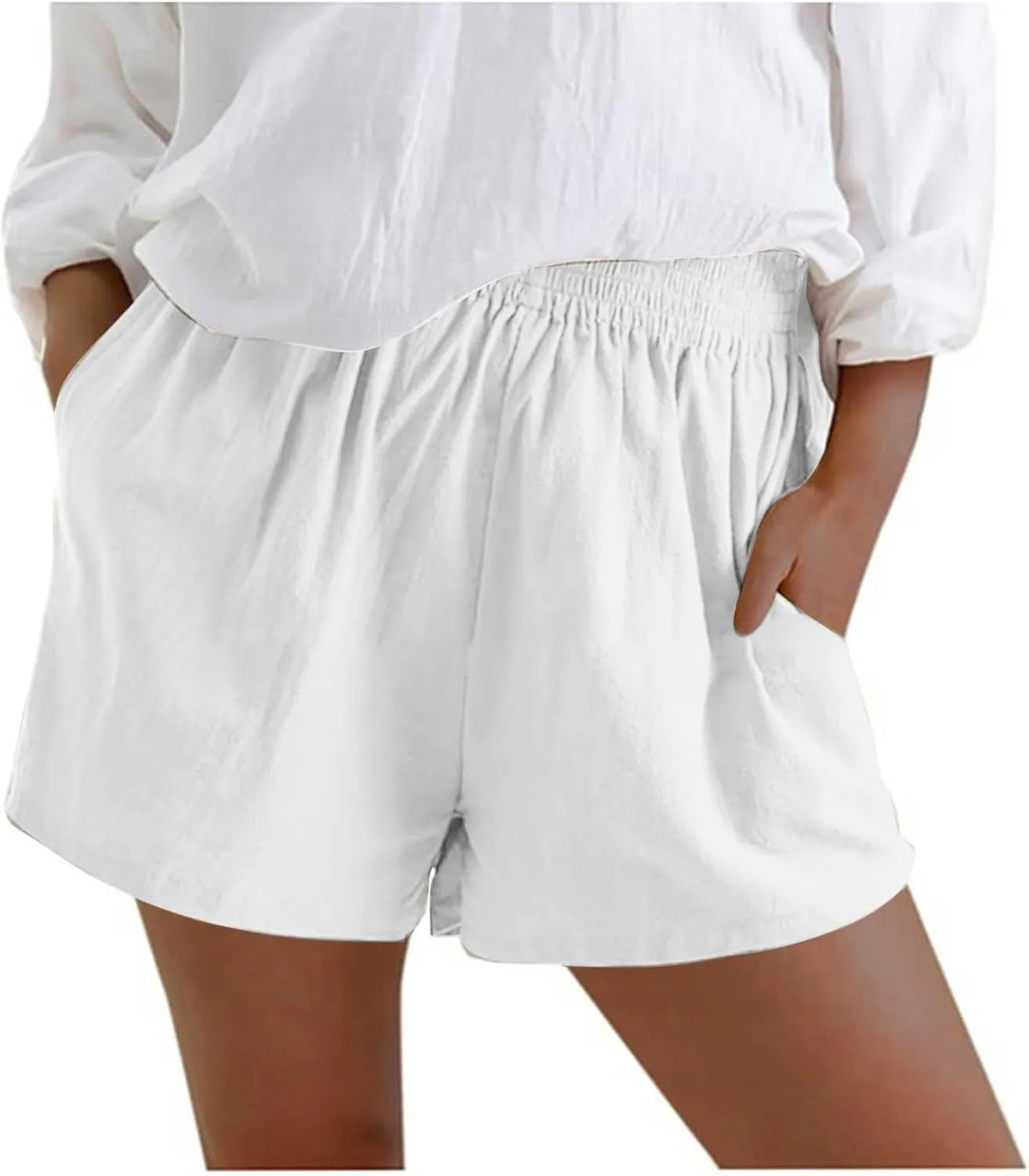 2024 Linen Shorts for Women Trendy Summer Solid Wide Leg Pants Casual Elastic Waist Lounge Trousers with Pockets