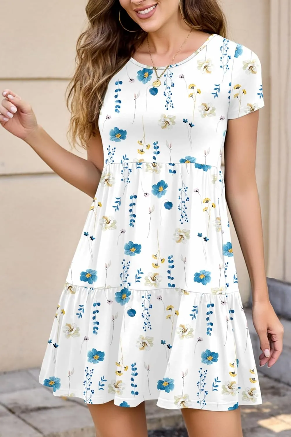 2025 Spring Summer Short Sleeve T-Shirt Dress  Ruffle Tiered Swing Sundress with Pockets for Beach & Daily Wear