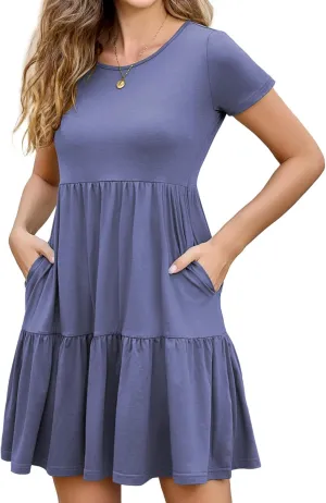 2025 Spring Summer Short Sleeve T-Shirt Dress  Ruffle Tiered Swing Sundress with Pockets for Beach & Daily Wear