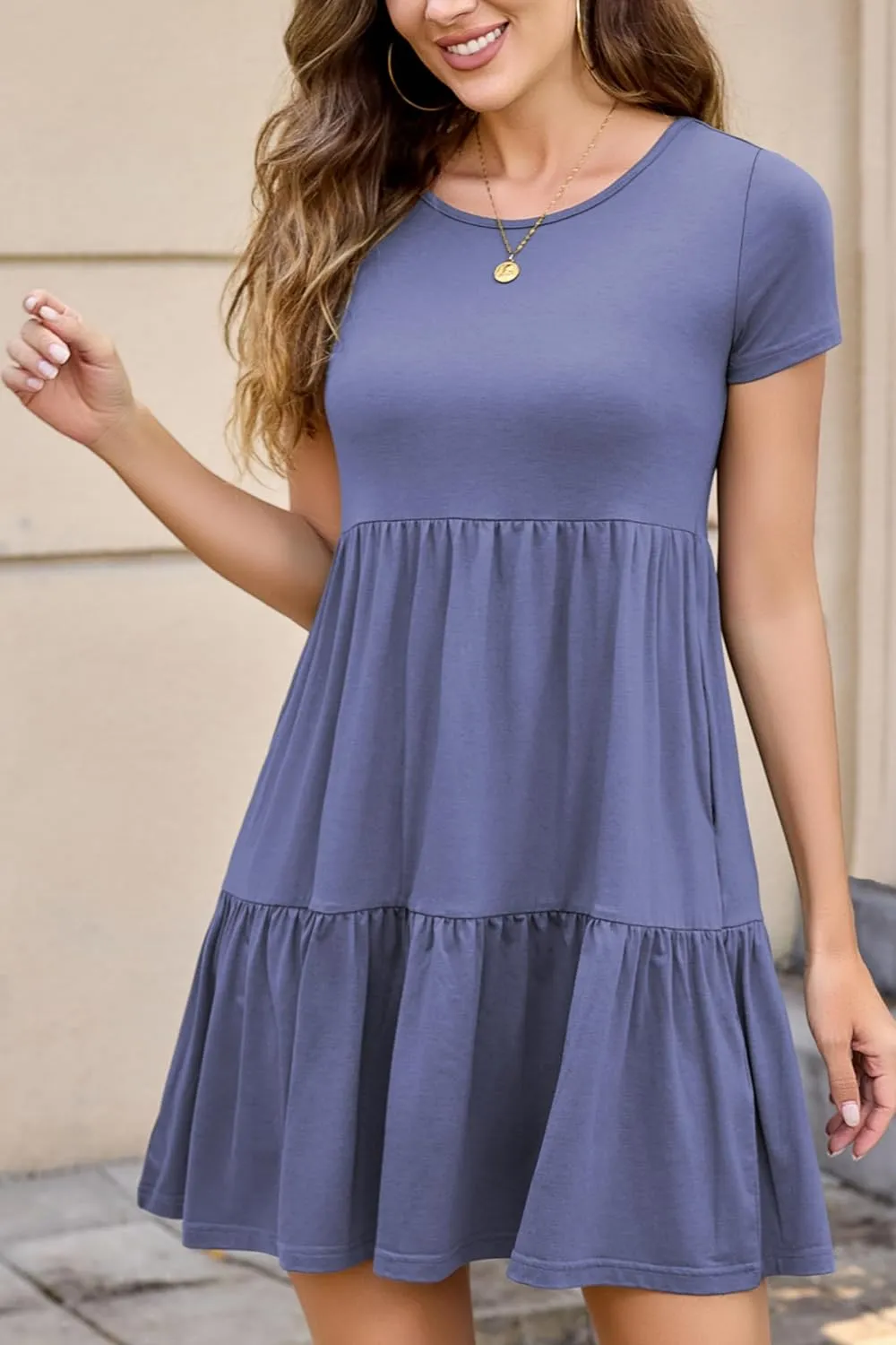 2025 Spring Summer Short Sleeve T-Shirt Dress  Ruffle Tiered Swing Sundress with Pockets for Beach & Daily Wear