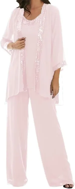3 Pcs Mother of The Bride Dresses Pantsuit for Wedding 3/4 Sleeves Formal Pants Outfit with Jacket