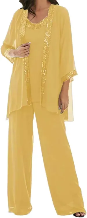 3 Pcs Mother of The Bride Dresses Pantsuit for Wedding 3/4 Sleeves Formal Pants Outfit with Jacket
