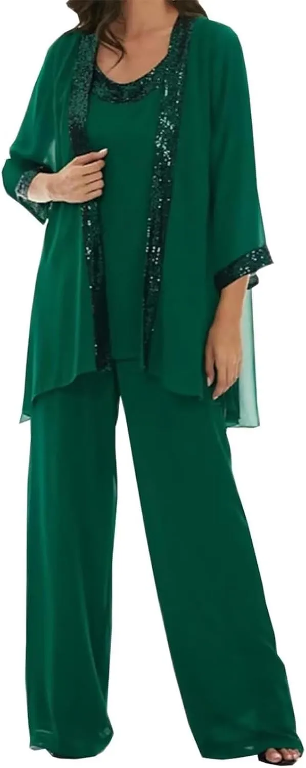 3 Pcs Mother of The Bride Dresses Pantsuit for Wedding 3/4 Sleeves Formal Pants Outfit with Jacket