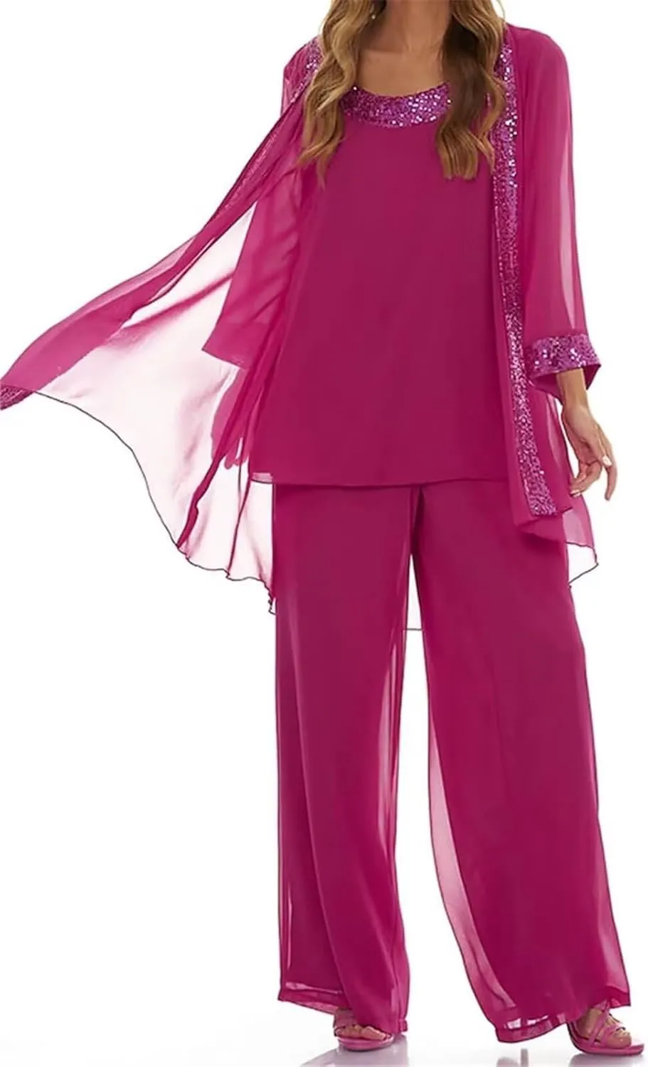 3 Pcs Mother of The Bride Dresses Pantsuit for Wedding 3/4 Sleeves Formal Pants Outfit with Jacket