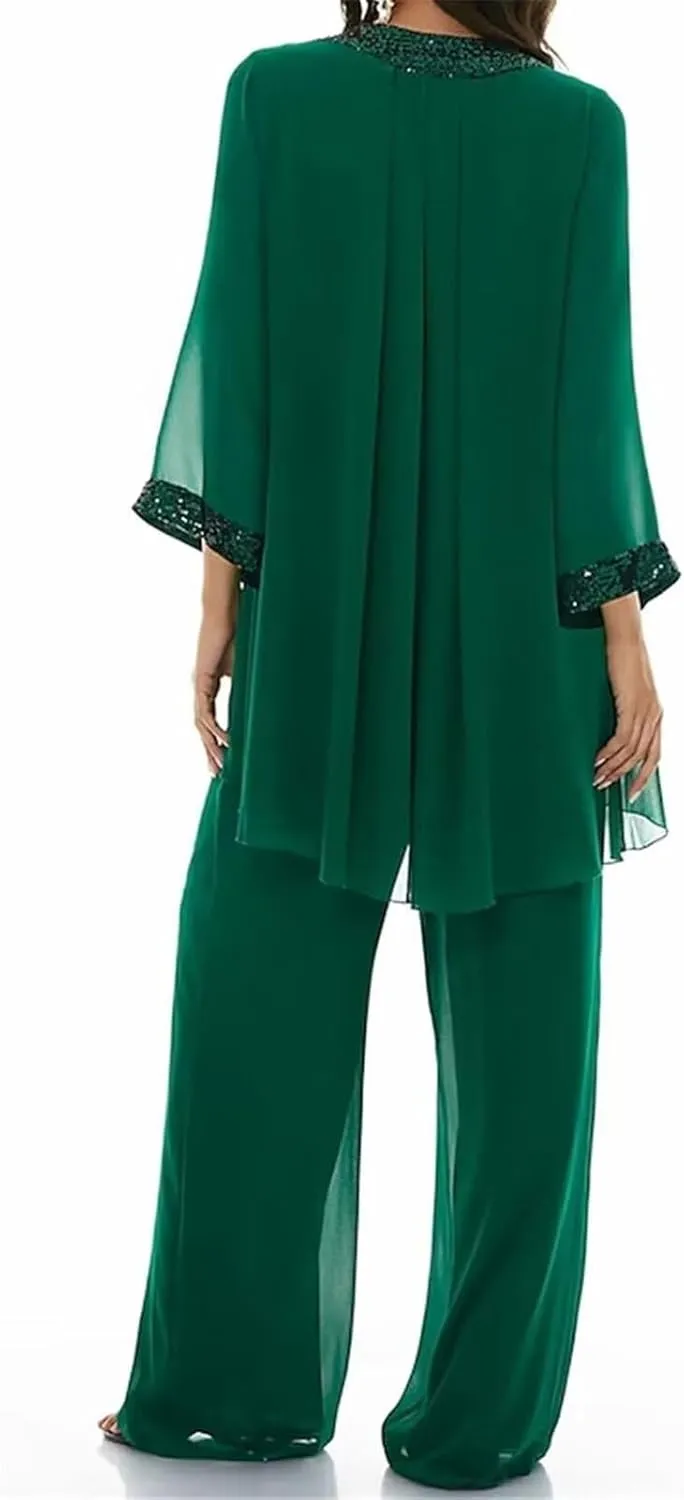 3 Pcs Mother of The Bride Dresses Pantsuit for Wedding 3/4 Sleeves Formal Pants Outfit with Jacket