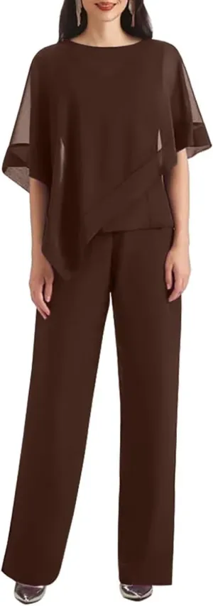3 PCS Mother of The Bride Pant Suits 3 Pieces Chiffon Pant Suits for Women Dressy Wedding Guest