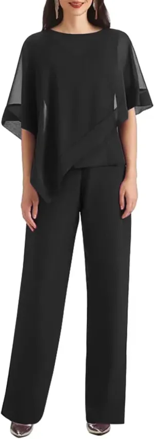 3 PCS Mother of The Bride Pant Suits 3 Pieces Chiffon Pant Suits for Women Dressy Wedding Guest
