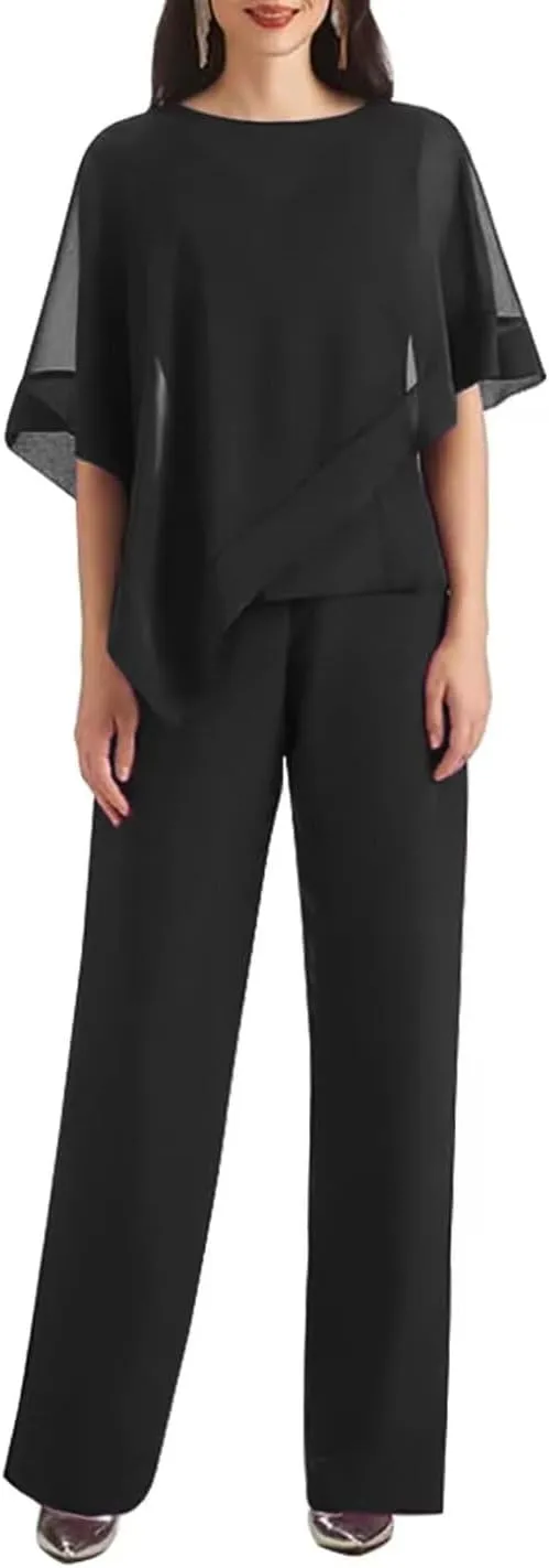 3 PCS Mother of The Bride Pant Suits 3 Pieces Chiffon Pant Suits for Women Dressy Wedding Guest