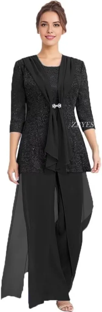 3 Pcs Mother of The Bride Pantsuit for Wedding Lace Sequins 3/4 Sleeves Formal Outfits with Jacket