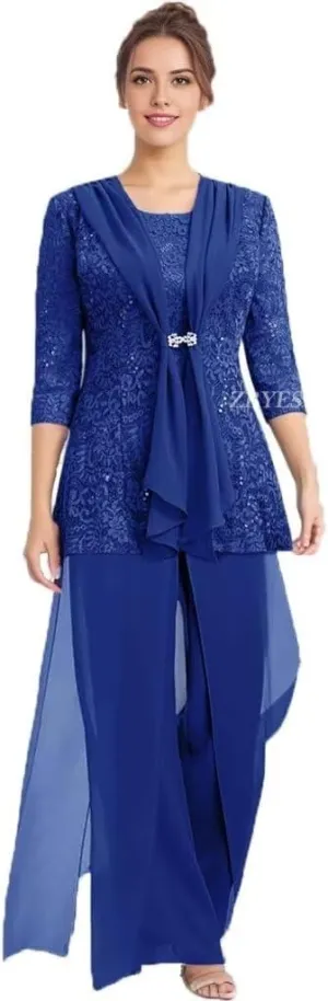 3 Pcs Mother of The Bride Pantsuit for Wedding Lace Sequins 3/4 Sleeves Formal Outfits with Jacket