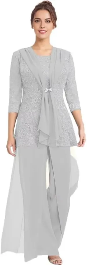 3 Pcs Mother of The Bride Pantsuit for Wedding Lace Sequins 3/4 Sleeves Formal Outfits with Jacket