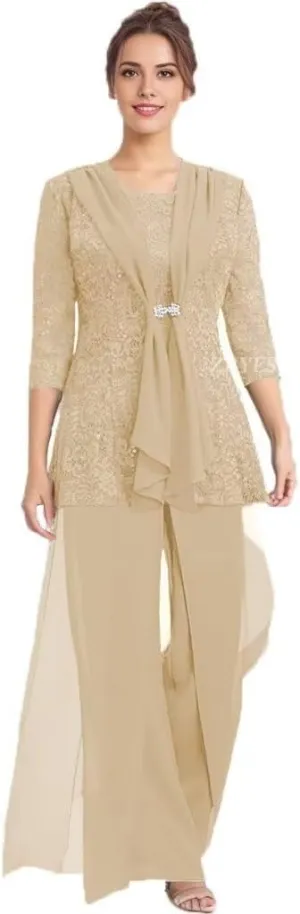 3 Pcs Mother of The Bride Pantsuit for Wedding Lace Sequins 3/4 Sleeves Formal Outfits with Jacket