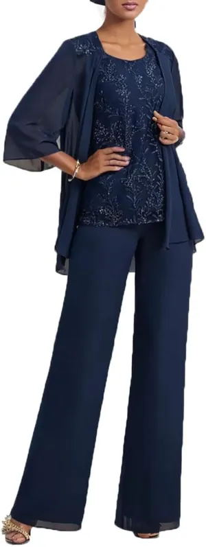 3 Pcs Mother of The Bride Pantsuits with Jacket Lace Applique Formal Pant Suit with Sleeves