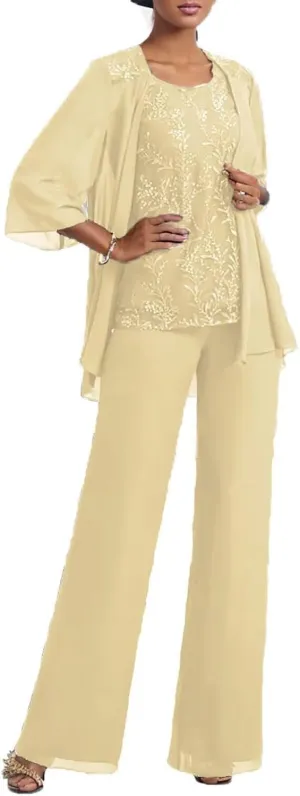 3 Pcs Mother of The Bride Pantsuits with Jacket Lace Applique Formal Pant Suit with Sleeves