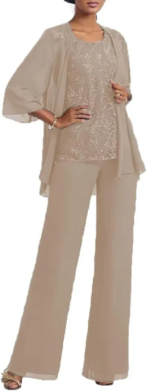 3 Pcs Mother of The Bride Pantsuits with Jacket Lace Applique Formal Pant Suit with Sleeves