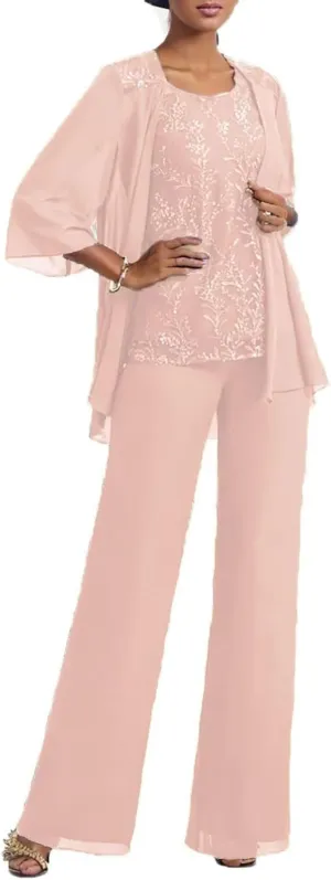 3 Pcs Mother of The Bride Pantsuits with Jacket Lace Applique Formal Pant Suit with Sleeves