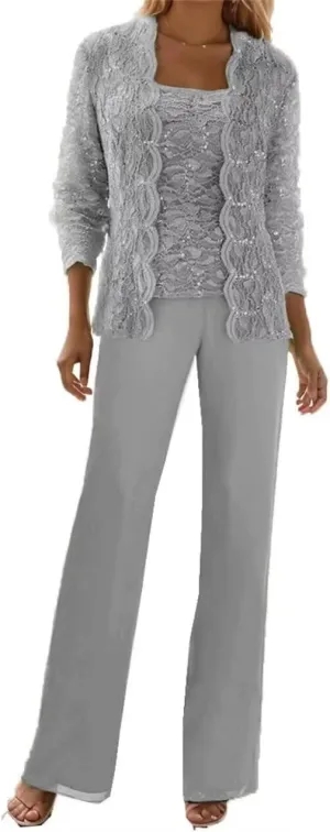 3 Piece Outfits Dressy Pant Suits for a Wedding Casual Lace Chiffon Pant Sets Silver Formal Evening Dress with Jacket Size 12