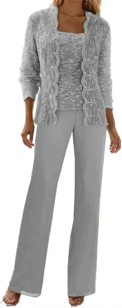 3 Piece Outfits Dressy Pant Suits for a Wedding Casual Lace Chiffon Pant Sets Silver Formal Evening Dress with Jacket Size 12