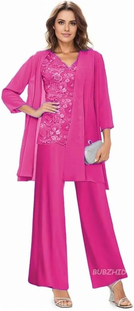 3 Pieces Mother of The Bride Dresses Pant Suit for Wedding Long Sleeves Formal Pants Outfit with Jacket