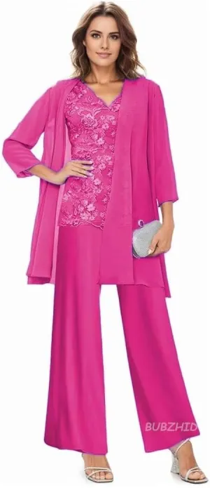3 Pieces Mother of The Bride Dresses Pant Suit for Wedding Long Sleeves Formal Pants Outfit with Jacket